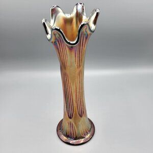 Vtg Fenton Carnival Glass Vase Iridescent Diamond Rib Pattern Art Deco 10.25"